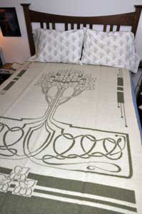 Surprisingly, this blanket with an Arts & Crafts design wasn’t made during the bungalow era. It was purchased new from the Faribault Woolen Mill Co. in 2004.
