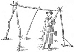 Woman with axe and leanto.