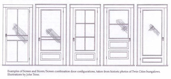 Caption: Examples of wood screen and storm/screen combination doors, taken from historic photos of Twin Cities bungalows. Illustration by John Trine.