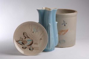 Red Wing plate, vase, and crock.
