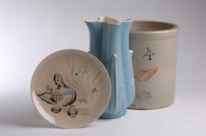 Red Wing plate, vase, and crock.