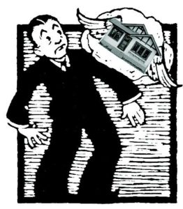 man watching house fly away