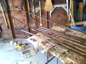 Stained molding drying on a table.