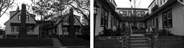 This U-shaped building in an English cottage style on Cedar Avenue in Minneapolis wraps around a central courtyard. It contains six units, judging by the number of front doors (each with a charming cottage style porch light) facing the courtyard. The court contains potted plants, an ornamental tree in a planting box, and a barbeque grill.